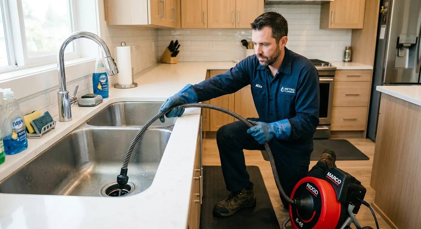 Drain cleaning technician using a motorized snake on a kitchen sink in Manorhaven