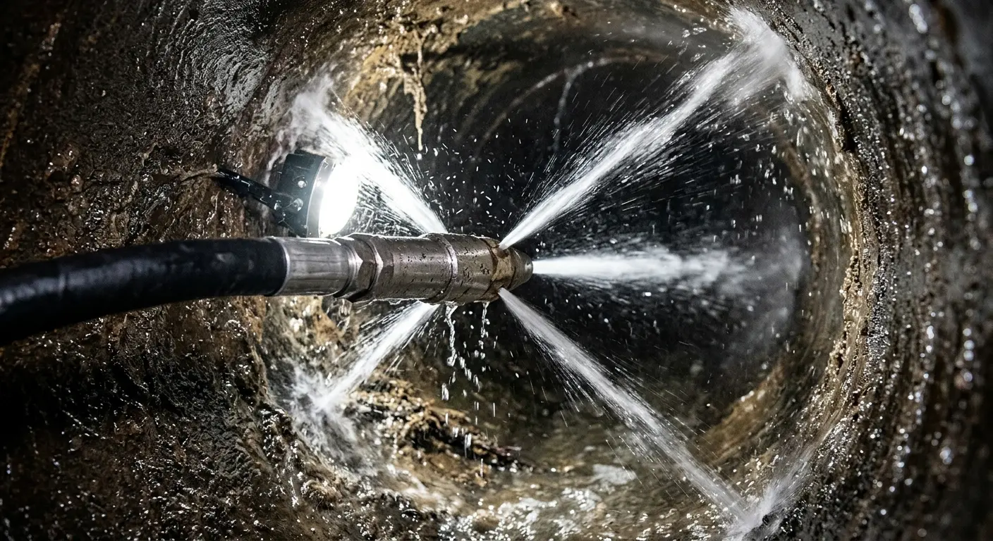 High-pressure hydro jetting nozzle cleaning sewer pipe for Emergency Drain Service in Manorhaven