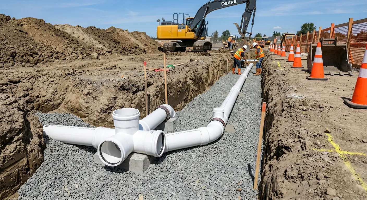 New PVC sewer pipe installation in open trench for Sewer Backup in Manorhaven