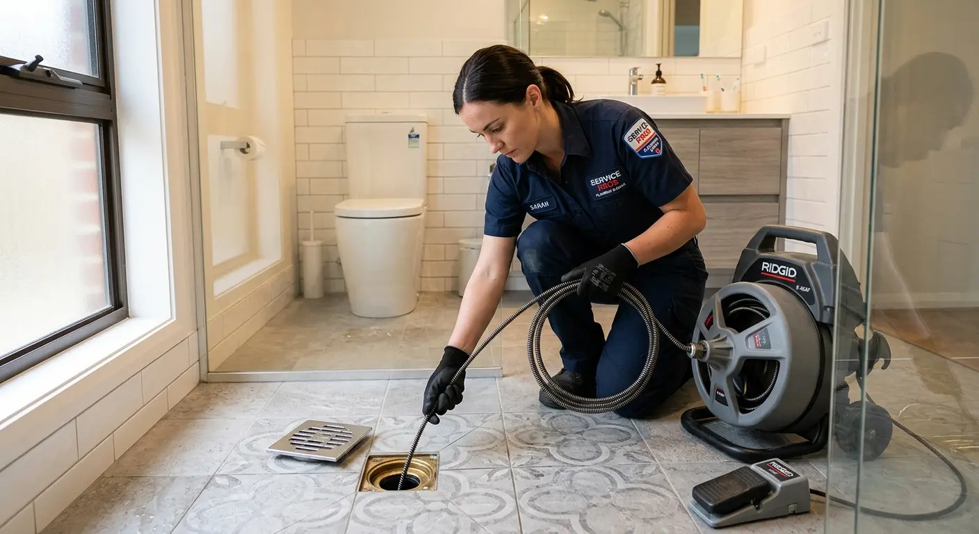 Technician clearing a bathroom floor drain for Drain Cleaning in Manorhaven